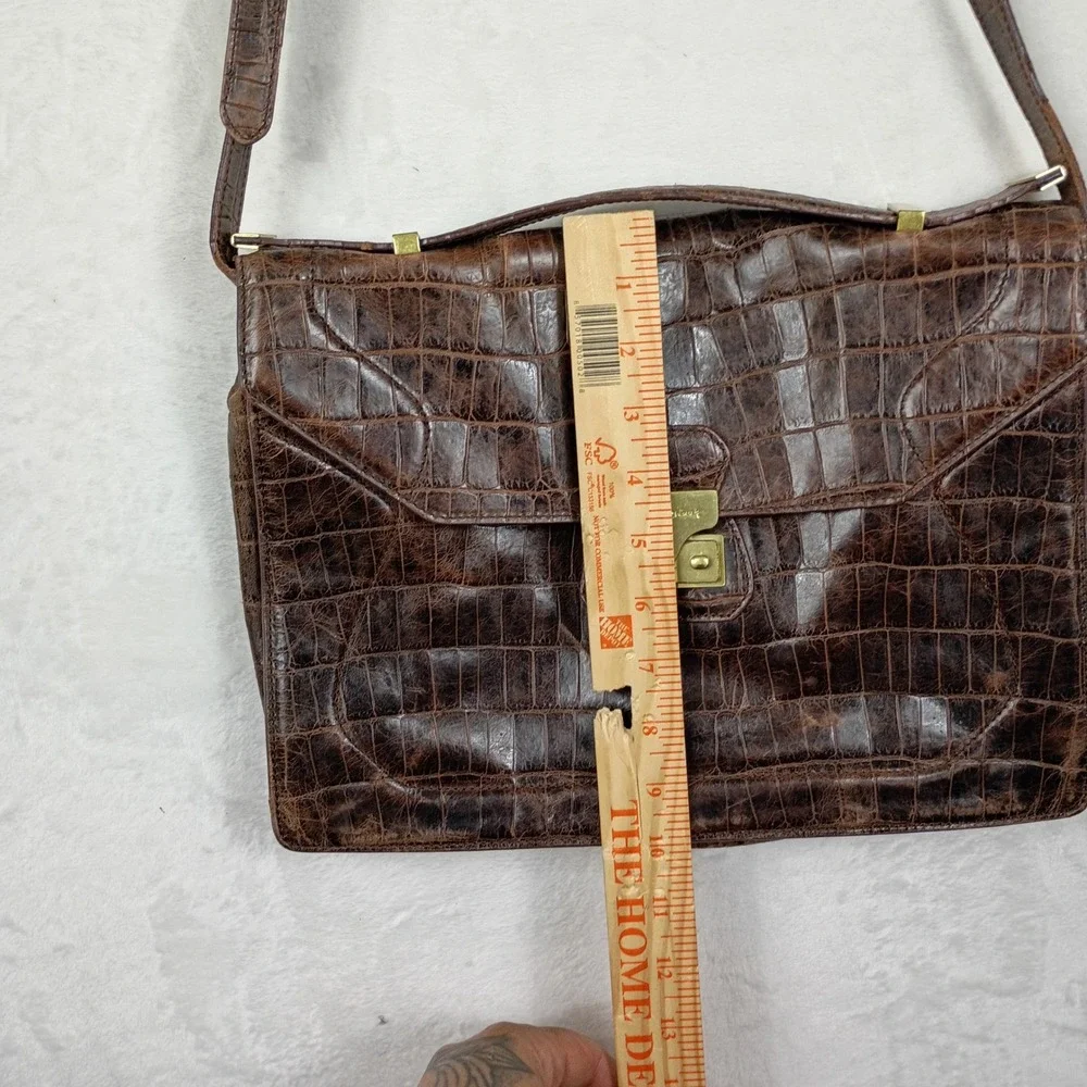 Foley‎ + Corinna Brown Croc Embossed Leather Satchel Shoulder Bag Brass Hardware